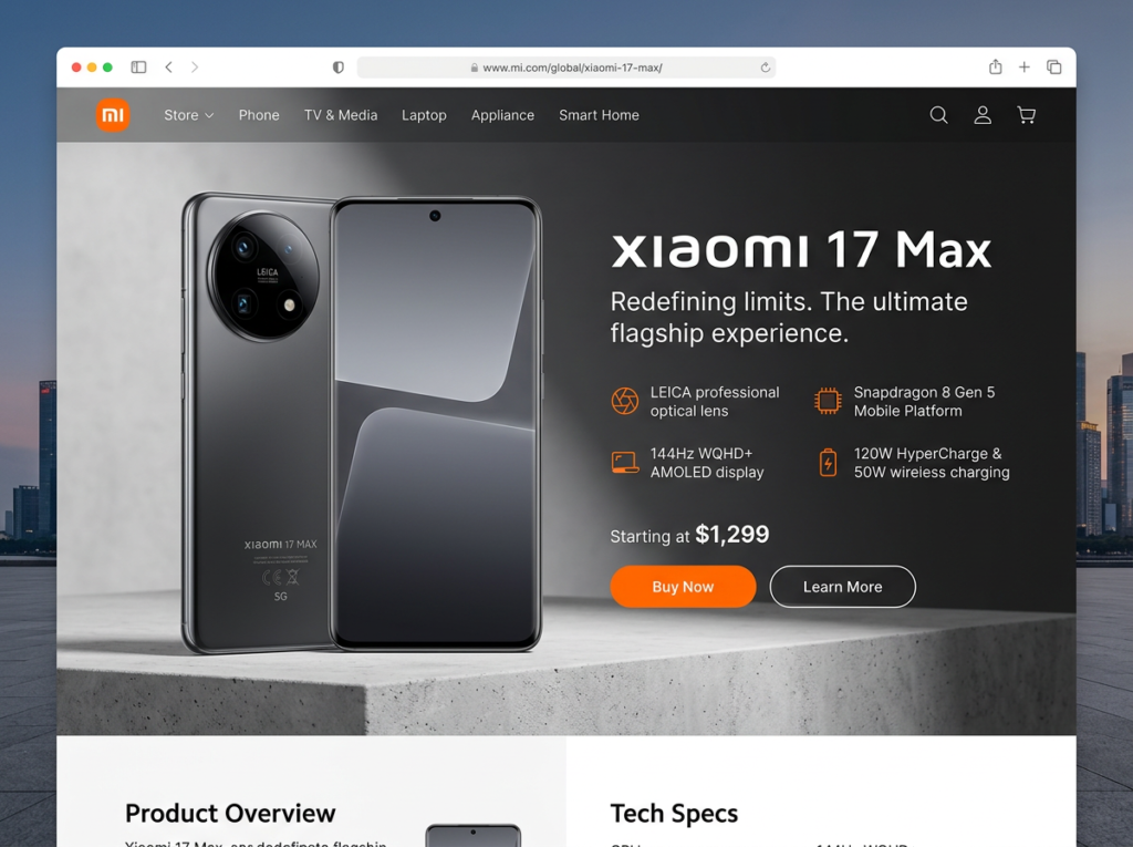 Xiaomi 17 Max smartphone with Leica lens, 144Hz AMOLED display, Snapdragon 8 Gen 5, and fast charging