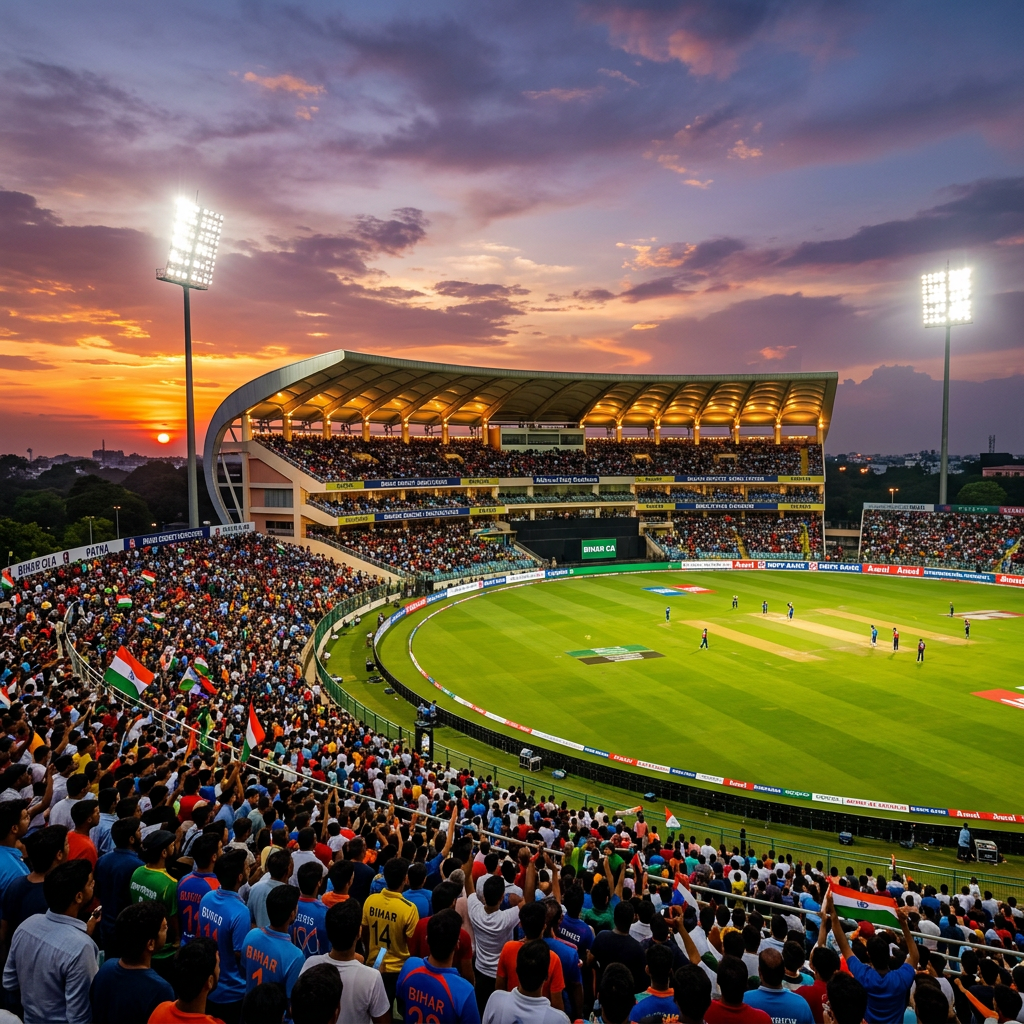 Anil Agarwal Bihar IPL team Bemisal Bihar: क्या 2027 में सच में आएगी बिहार की IPL टीम? अनिल अग्रवाल का बड़ा एलान! 2 Cricket match in progress at a stadium filled with cheering spectators under a colorful sunset sky