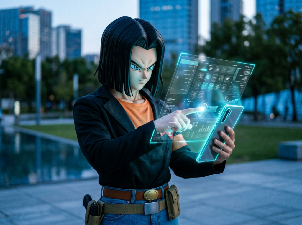 Person interacting with a holographic digital interface projected from a smartphone outdoors