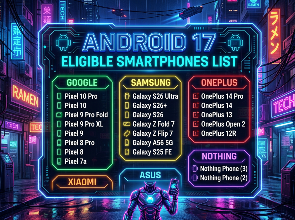 Smartphone models eligible for Android 17 update categorized by Google, Samsung, OnePlus, and Nothing brands.