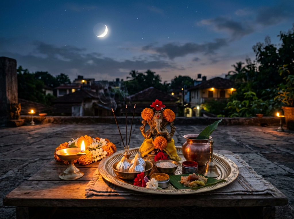 Hindu Ganesh puja setup with idol, incense, flowers, and offerings on a brass plate at dusk