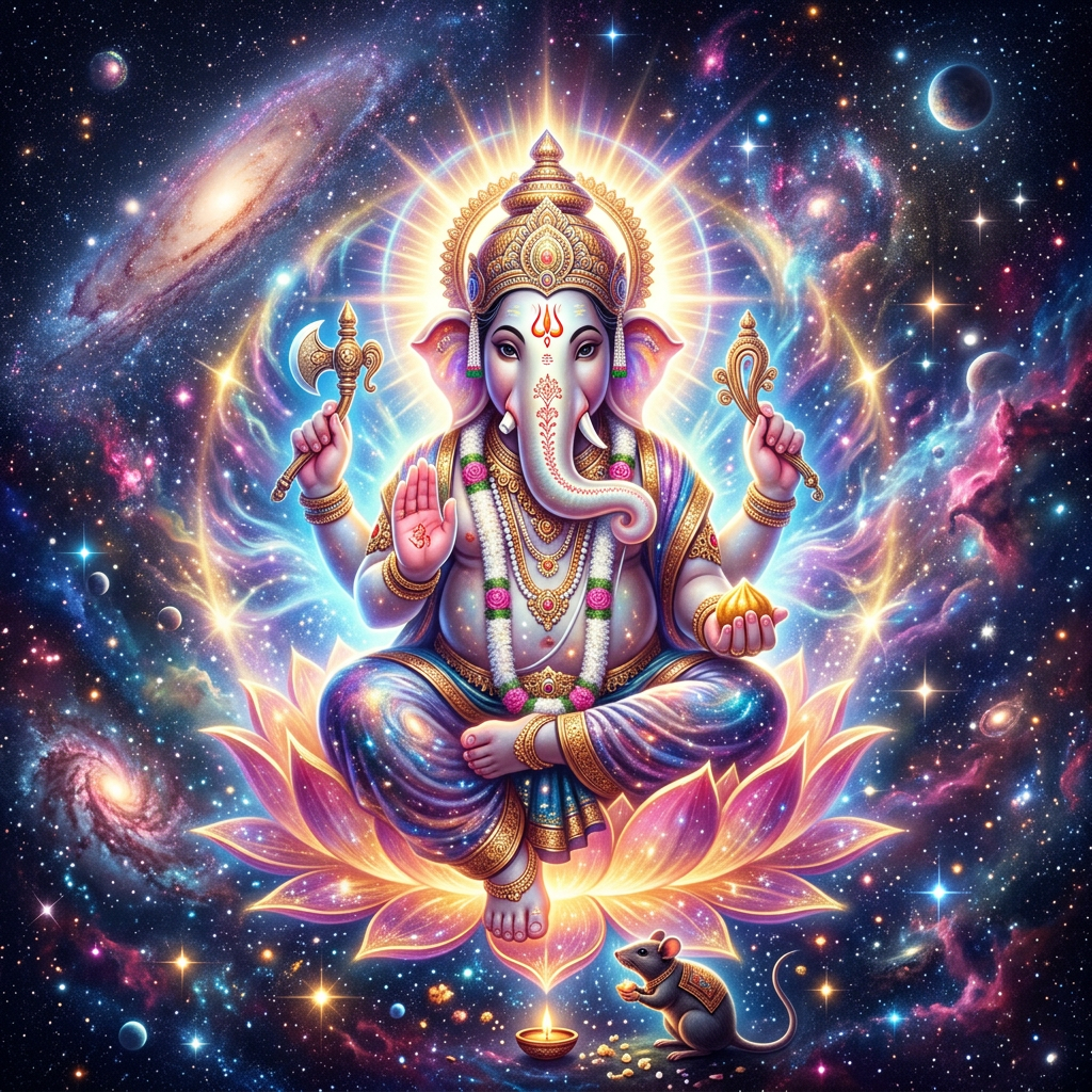 Hindu god Ganesha with four arms seated on a glowing lotus amid stars and galaxies