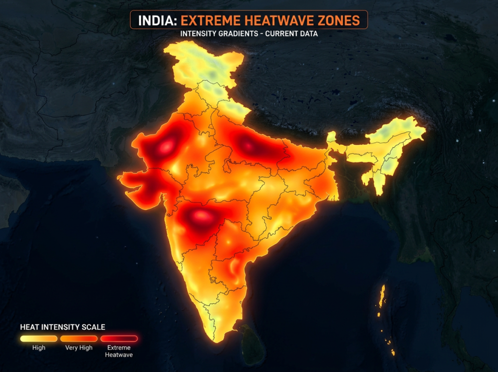 Map of India highlighting zones of high, very high, and extreme heatwave intensity.