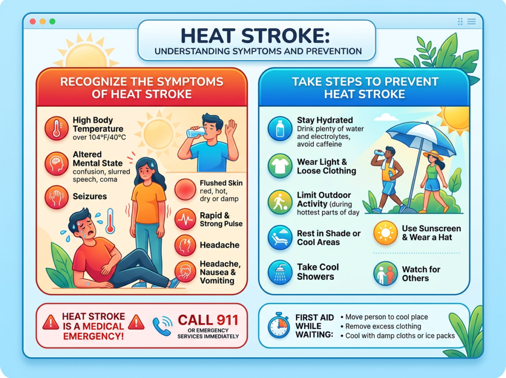 Chart showing symptoms of heat stroke and steps to prevent it including hydration, clothing, shade, and emergency actions.